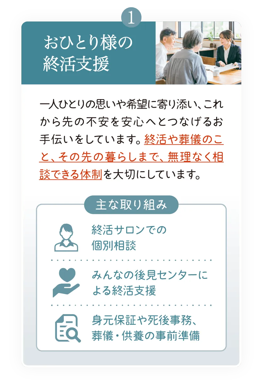 ①おひとり様の終活支援：終活サロンでの個別相談やみんなの後見センターによる身元保証、死後事務、葬儀・供養の事前準備のお手伝い